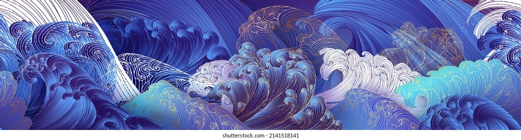 Line art design of waves, mountain, modern hand-drawn vector background, gold ink pattern. Minimalist Asian style.