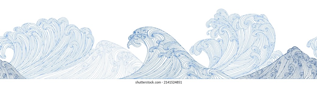 Diseño de líneas artísticas de olas, montaña, fondo vectorial moderno dibujado a mano, patrón de tinta. Estilo asiático minimalista.
