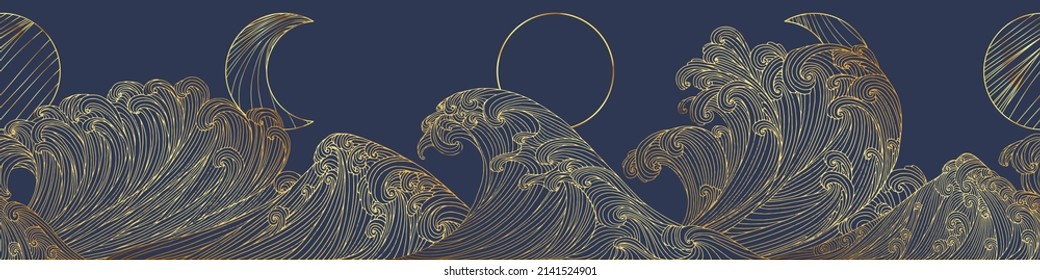 Line art design of waves, mountain, modern hand-drawn vector background, ink pattern. Minimalist Asian style.