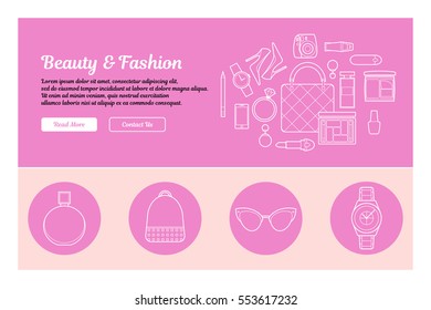 Line art design of web header template with flat icons of beauty and fashion. Modern vector illustration concept for websites. Infographics vector illustration