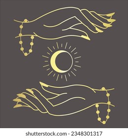 Diseño de líneas de arte con manos brujas en el fondo oscuro. Ilustración vectorial.