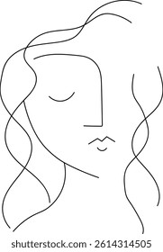 A line art design of a woman's face with her hair covering part of her face, ideal for decorative design.