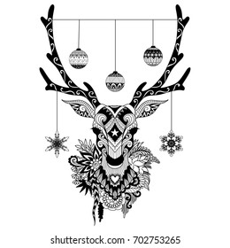 Line art designs of Christmas balls and snowflakes hanging on deer horns for design element and adult coloring book pages. Vector illustration