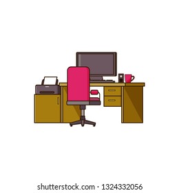 Line art desk, computer, printer, swivel chair, chest of drawers, keyboard, speakers, cup of coffee. Workplace vector colorful illustration. Work space web graphics. Modern life style. Business theme.