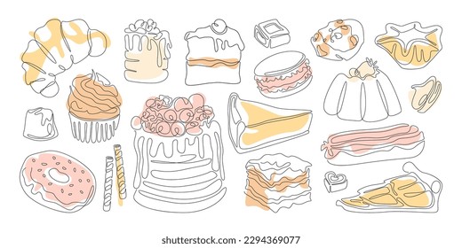 Line art desserts. Tasty pastry. Croissant, cake, cookie, pie, eclair, doughnut, candy, bread sticks, brownie, cupcake. Fragrant bakery. Design elements