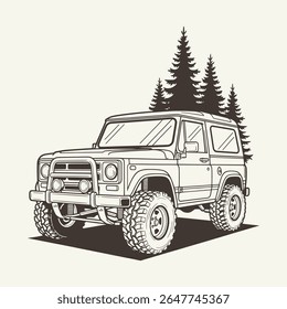 Line Art Detailed Classic Offroad Car with Evergreen Tree Silhouette Illustration