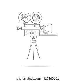 Line art detailed professional retro movie film camera, vintage cinema. Poster, card, leaflet or banner template with place for text. Isolated on white. Video recorder. Vector illustration.