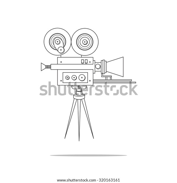Line art detailed professional retro movie\
film camera, vintage cinema. Poster, card, leaflet or banner\
template with place for text. Isolated on white. Video recorder.\
Vector illustration.