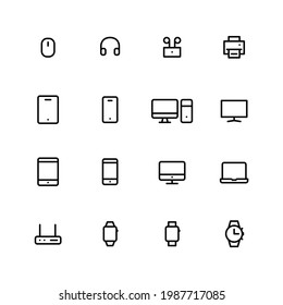 Line art device vector icons. TV, smart watch, mouse, printer, wi fi router, computer. Pixel perfect. Editable stroke.