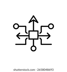 Diagrama de arte de linha um quadrado central com linhas radiantes circula a conexão de rede