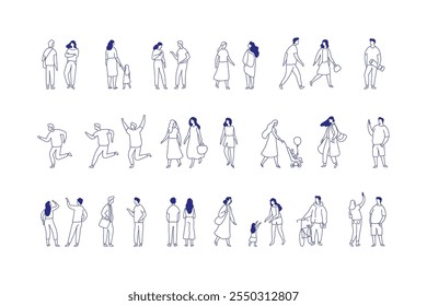 Arte de línea Diferentes Personas Silueta estilizada Colección de Vector grande. Figura de personajes de contorno masculino y femenino aislada sobre fondo blanco.