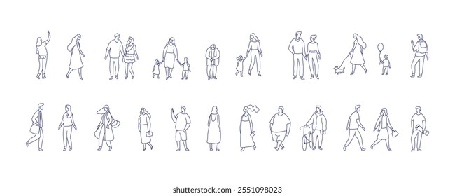 Line Art Pessoas Diferentes Estilizado Silhueta Big Vetor Coleção. Personagens de Contorno Masculino e Feminino figura Isolado no fundo branco.