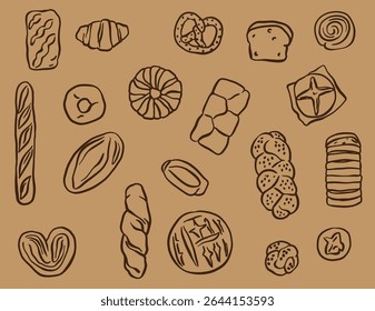 Line art of different types of bread in doodle style, bakery element.