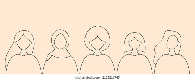 Line art of different women. International Women's Day. Happy Women's Day. Group of Women's. Minimalist Illustration. Girls Power.