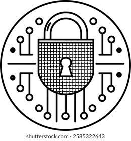 Line art of a digital padlock with circuit connections, representing cybersecurity, encryption, and data protection. A modern and minimalistic design for secure technology concepts.