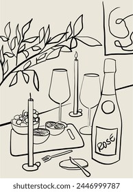 Línea de arte de la mesa de cena con velas, vasos y botella de vino. Ilustración minimalista en tendencia. Mesa de comedor dibujada a mano para diseño de invitaciones, carteles, menús. Vector