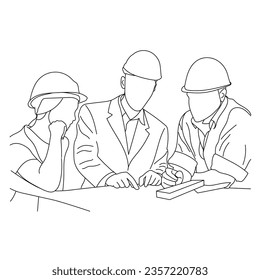 Line art of discussing construction projects in a meeting room isolated on a white background.