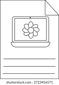 El arte lineal muestra un equipo con una flor en la pantalla situada sobre tres líneas en una esquina de la página del documento doblada