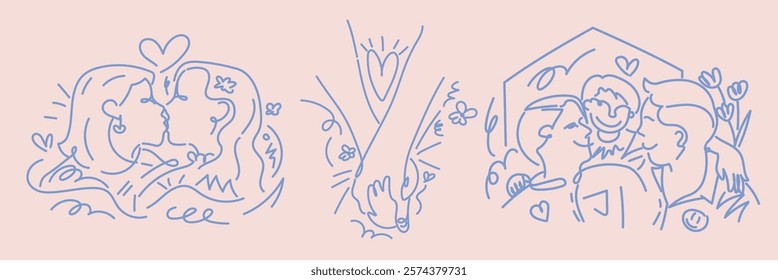 Line art of diverse couples kissing, embracing love. Couples, love, and romance depicted in simple, elegant lines. Romantic, diverse, affectionate art. Doodle vector set.