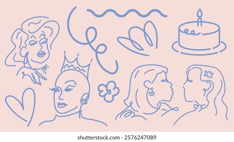 Line art with diverse faces, cake, and abstract shapes. Features various expressions, cake with candle, and decorative elements in a minimalist style. Doodle vector set.