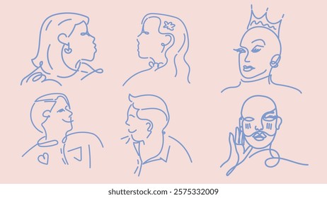 Line art of diverse faces, including women and men, with unique hairstyles and accessories. Simple, abstract, diverse line art of faces and expressions. Doodle vector set.