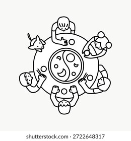Line art of diverse group around a table with yin-yang symbol. Features men, women, and a dog. Simple, inclusive, and harmonious design. Black and white illustration. People illustration vector.