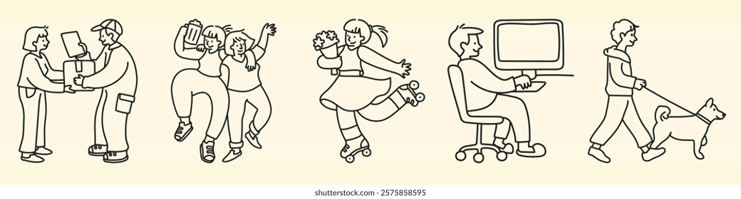 Line art of diverse people: a couple exchanging gifts, friends dancing, a girl roller skating, a person at a computer, and a person walking a dog. Doodle vector set.