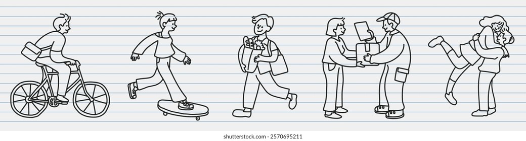 Line art of diverse people: a cyclist, skateboarder, shopper, couple, and friends. Casual, diverse activities, diverse expressions, diverse interactions. Doodle vector set.