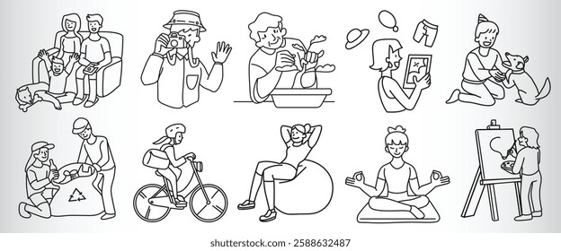 Line art of diverse people doing activities: family time, gardening, pet care, recycling, cycling, exercising, yoga, painting. Diverse, active, leisure. Doodle element vector set.