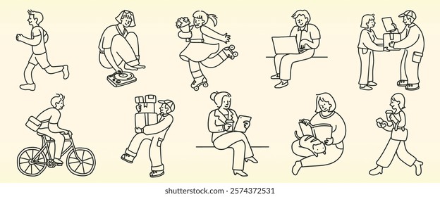 Line art of diverse people engaged in activities: running, DJing, roller skating, working on a laptop, cycling, filming, reading, and interacting. Simple, diverse, active. Doodle vector set.