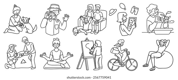 Line art of diverse people engaging in activities: playing with pets, photography, family time, recycling, yoga, painting, cycling, and relaxing. Simple and playful. Doodle element vector set.