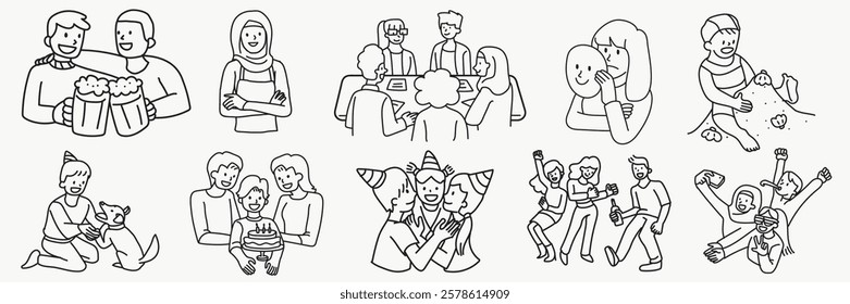 Line art of diverse people enjoying activities: eating popcorn, playing, celebrating. Includes men, women, children, and pets in various joyful scenes. Doodle element vector set.