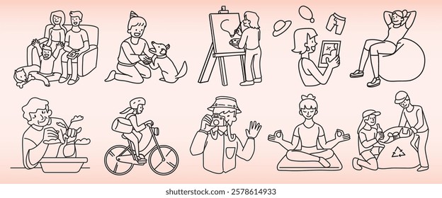 Line art of diverse people enjoying hobbies: painting, yoga, cycling, photography, and pet care. Includes men, women, and children in various activities. Doodle element vector set.