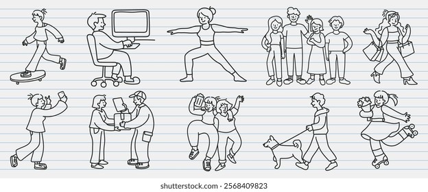 Line art of diverse people: exercising, working, shopping, dancing, walking dogs. Men, women, children in various activities. Casual, active, everyday scenes. Doodle vector set.