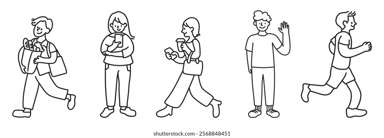 Line art of diverse people: a man carrying groceries, a woman with a cat, a woman with a drink, a man waving, a man jogging. Simple, diverse, everyday activities. Doodle vector set.