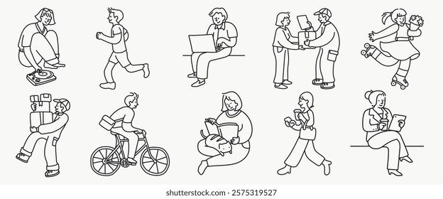 Line art of diverse people: running, reading, cycling, and interacting. Men and women engaged in various activities, showcasing everyday life and hobbies. Doodle vector set.