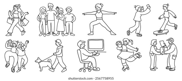 Line art of diverse people: shopping, yoga, skating, dancing, walking dog, working, playing. Activities include yoga, skating, dancing, shopping, working. Doodle vector set.