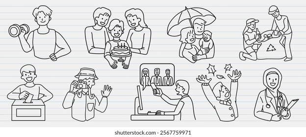 Line art of diverse people in various activities: photography, family time, recycling, voting, science, and celebration. Includes men, women, and children. Doodle element vector set.