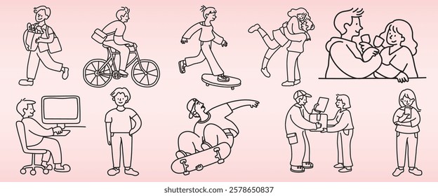 Line art of diverse people in various activities: cycling, skateboarding, working, hugging. Men and women in casual settings, showing daily life and leisure. Doodle vector set.