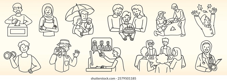 Line art of diverse people in various activities: voting, parenting, recycling, celebrating, working, and more. Diverse, activities, people, community. Doodle element vector set.