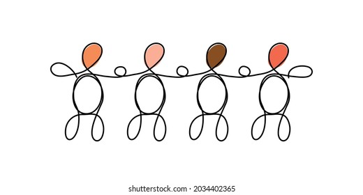 Konzept der Artenvielfalt der Linie. Eine Gruppe von vier verschiedenen Personen, die mit einer Linie auf Weiß gezeichnet wurden. Teamwork, Freundschaft. Vektorgrafik
