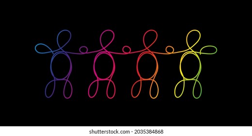Line art diversity, LGBTQ concept. A group of four different people drawn with one line, rainbow colors on black. Teamwork, friendship. Vector illustration
