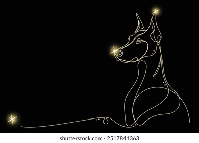 Line Art Doberman Animal with Gold Glitter Stars. Luxury Rich Glamour Invitation Card Template.  Doberman Dog Isolated on Black. Shine Gold Light Texture Effect. Glowing Blink Star Symbol Gift.