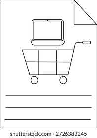 Zeilenende eines Dokuments, das einen Laptop auf einem Einkaufswagen über leeren Zeilen und einer gefalteten Ecke enthält