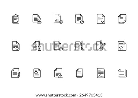 Line art document icons showing various actions including checkmark download lock upload more Bundle