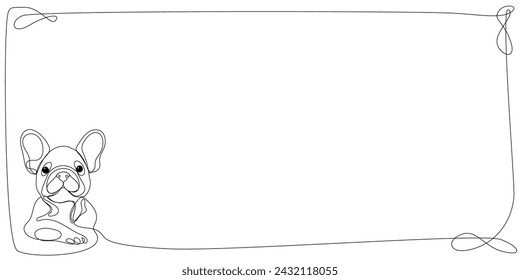Line Art Dog Animal Frame. One Thin Line Border Bulldog Dog Sketch Isolated On White Background. Continuous Modern Line Art Drawn. Editable Vector Outline Frame Border Abstract Illustration. 