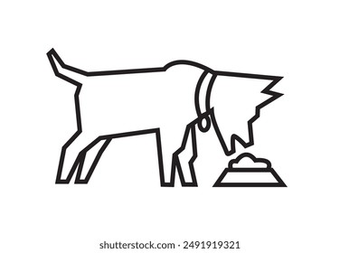 A line art dog eats in a bowl. Editable Clip Art.