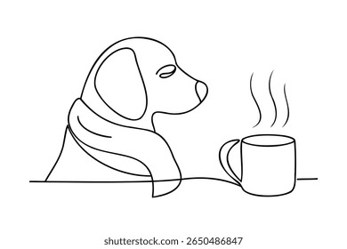 Line art a dog with a scarf a steaming coffee mug on a animal canine