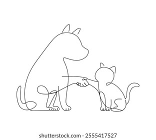 Line art of the dog shaking hands with the cat vector art illustration