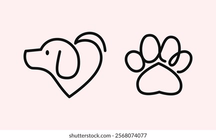 Line art dogs icons, minimalist line illustration set, vector hand drawn drawing, cute heart paws love animals, pet store visual design veterinarian, vet domestic pet doggy, puppy simple outline